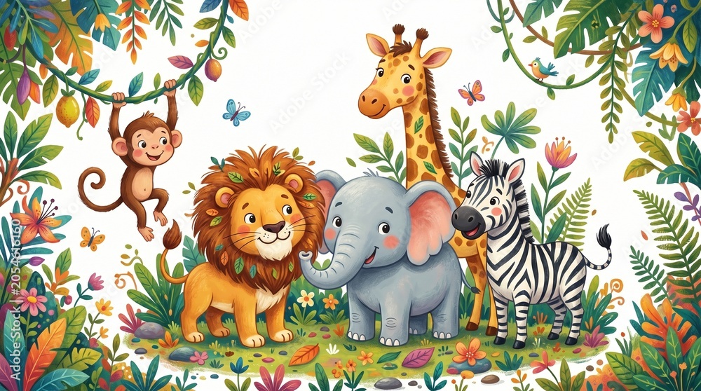 Fototapeta premium Cute cartoon jungle animals