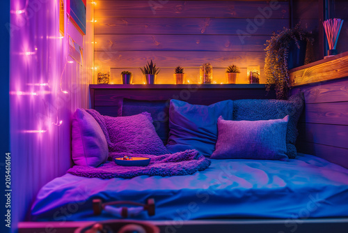 A bed with pillows and a blanket