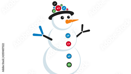 Whimsical snowman with a colorful button hat, carrot nose, and twig arms