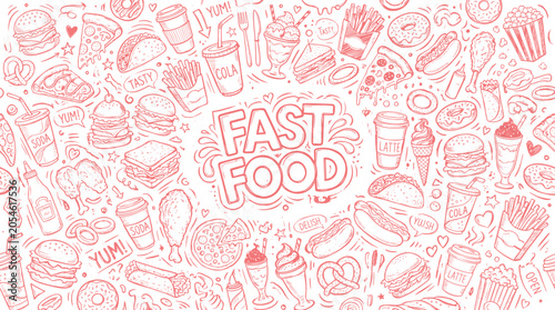 Hand drawn doodle fast food background with typography for web, print, and menu design