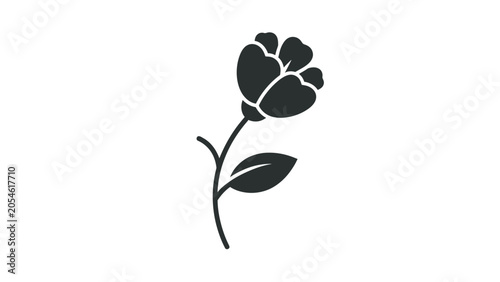 A solitary dark flower with one leaf and a curving stem on a white background