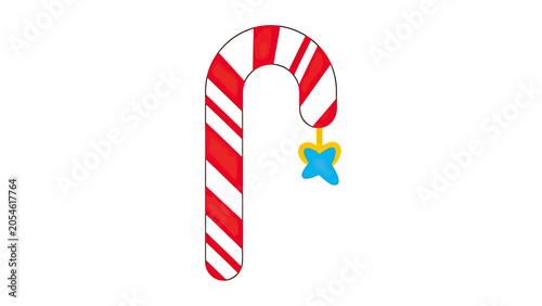 Red and white striped candy cane with a blue star ornament hanging