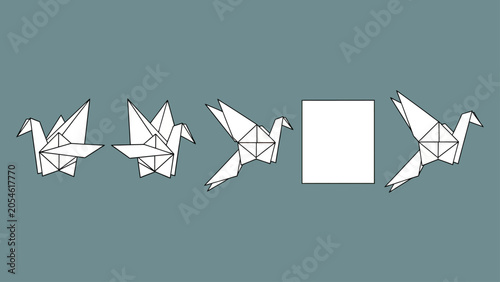 Five line drawings of origami cranes and a square on a muted blue background