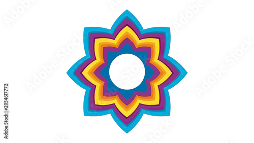 Multi-layered colorful abstract starburst design with a central white circle