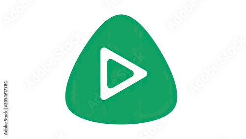 A green, abstract, teardrop-shaped object with a white play button icon