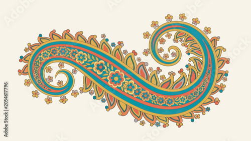 Ornate paisley design with floral embellishments and vibrant color stripes