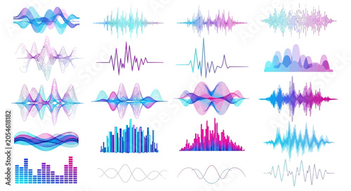Vibrant collection of digital sound waves and audio spectrum visualizations, displaying dynamic musical frequencies and equalizer elements for various sonic experiences and data representation