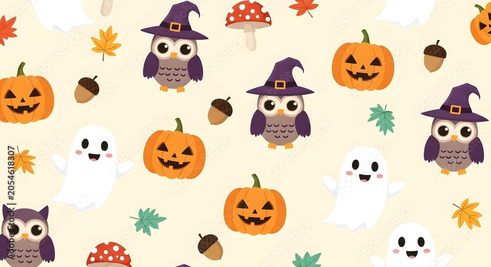 Naklejka premium Cute halloween pattern with owls, ghosts, pumpkins, mushrooms, and acorns