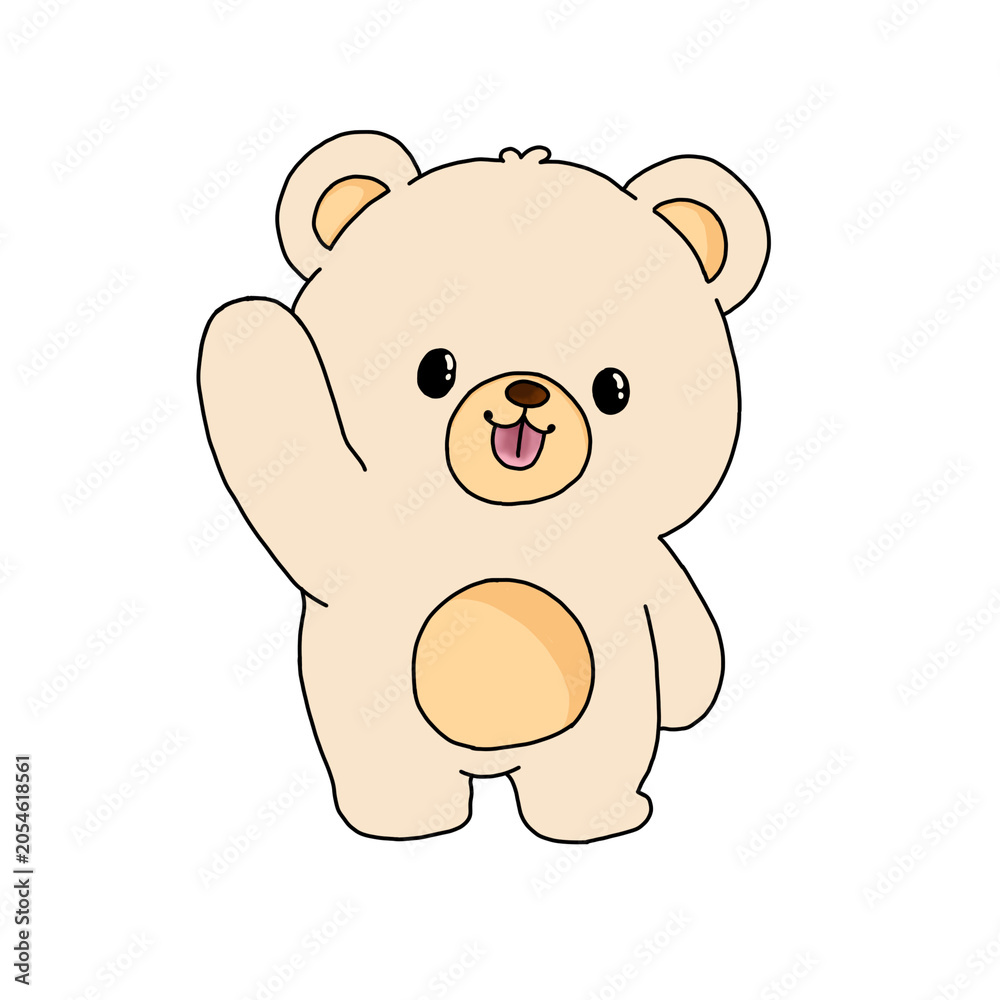 Obraz premium Cute Cartoon Teddy Bear Waving Hand Isolated on Black Background