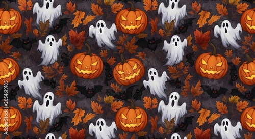 Seamless halloween pattern with ghosts, pumpkins, bats, and autumn leaves