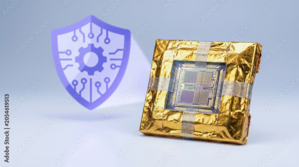 Obraz premium Semiconductor chip protection concept with golden wrapped chip and digital shield symbol representing process security in ongoing chip war