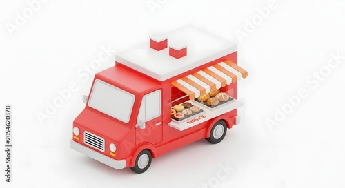 3d render of a red food truck with pastries and bread on display, isolated on white background