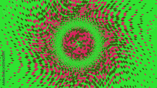 Abstract digital pattern with a central sphere effect created by pink and beige rectangular pixels on a vibrant green background