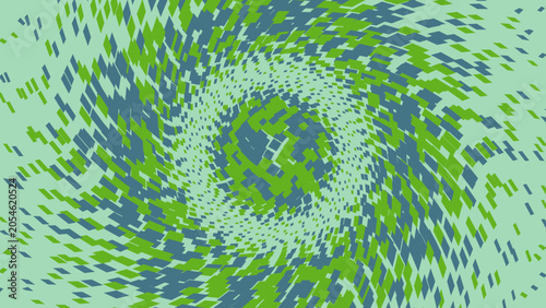 Abstract geometric background with a swirling pattern of green and blue rectangular shapes