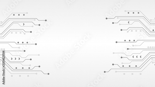 Grey electronic circuit board lines on abstract white tech vector background