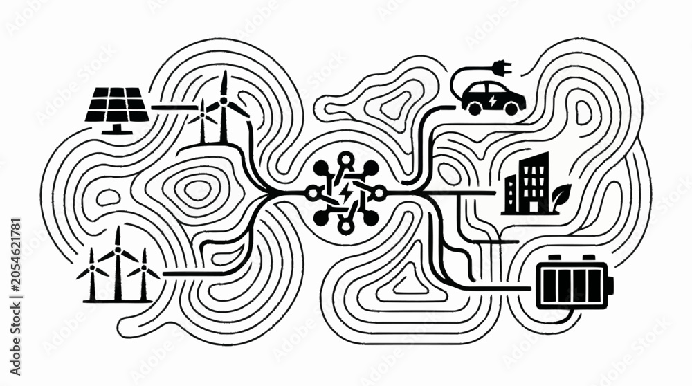 Fototapeta premium Renewable energy sources powering electric vehicles and buildings.