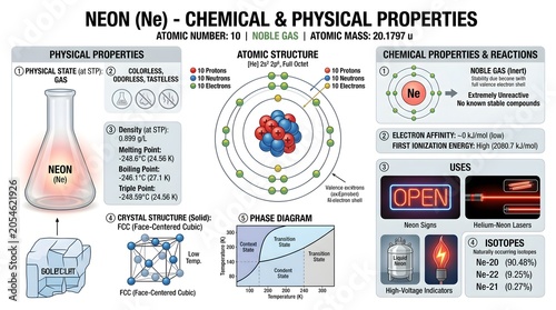 Neon (Ne) chemical and physical properties infographic showing atomic structure, gas and solid states, phase diagram, emission spectrum, chemical inertness and typical applications such as neon tubes,