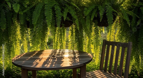 Dappled sunlight on wooden table and chair in lush fern garden