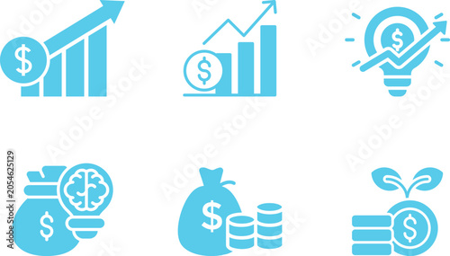 Investment icon set collection featuring finance growth wealth savings banking portfolio capital market strategy profit revenue budgeting analytics economy currency business development vector.