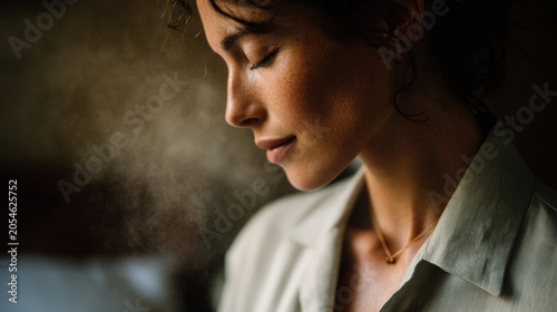 Profile portrait of a contemplative young woman with eyes closed in soft golden lighting, woman face