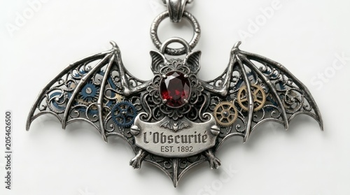 Steampunk Bat Pendant with Gemstone and Gears.