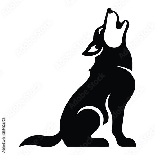Howling dog silhouette sitting solid black vector animal icon