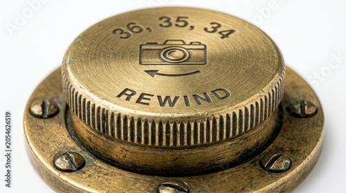Vintage Brass Camera Rewind Knob with Film Roll Numbers and Camera Icon.