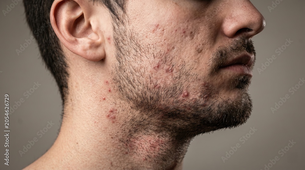 Fototapeta premium Side Profile of Man Face with Severe Acne Vulgaris Breakout and Irritated Beard Shaving Rash