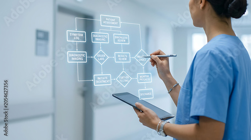 Medical professional using a digital tablet to interact with a holographic clinical flowchart in a hospital corridor.
