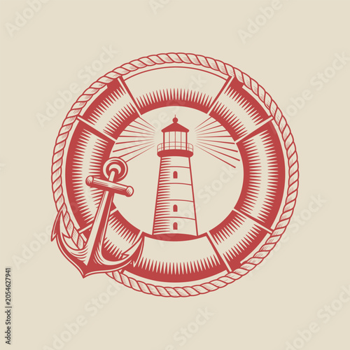 Vintage Lighthouse with Lifebuoy and Anchor Nautical Illustration
