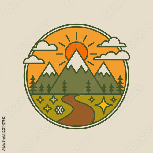 Mountain Landscape with Sunrise Nature Badge Illustration