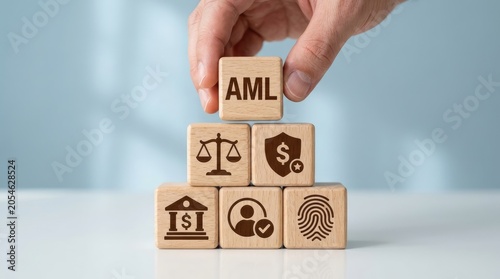 Hand placing aml block on stacked financial security cubes
