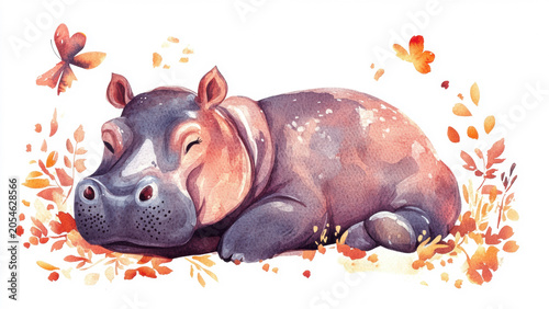 Cute Watercolor Baby Hippopotamus with Lovely Hippo Characters Isolated for Kids Clipart Design