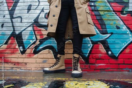 A person is standing in front of a graffiti wall wearing a tan coat