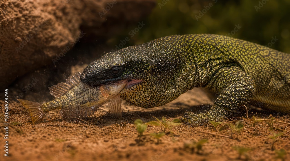 Obraz premium Green Lizard Eating Fish in Natural Habitat Close Up.
