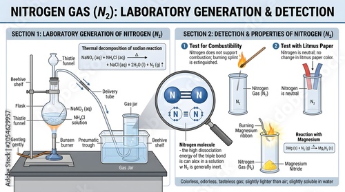 Nitrogen gas (N₂) laboratory generation and detection infographic showing thermal decomposition of sodium azide, gas collection over water, and tests for combustibility and litmus reaction to identify