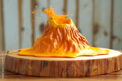 A volcano made of orange plastic is on a wooden table