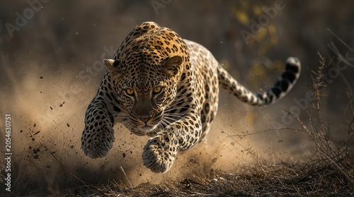 Leopard running through dust in African savanna during daytime.