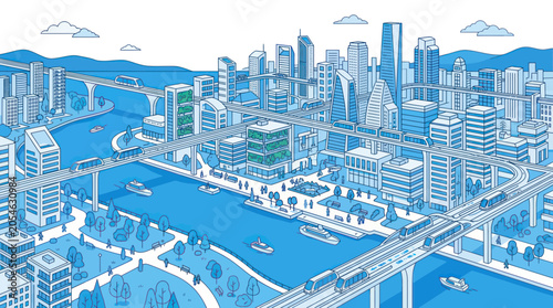 Tableau sur toile Futuristic smart city with monorails and river transport infrastructure