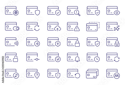 Payment Card Security and Card Management Line Icons Set - Banking, Credit Card Protection, Authentication, Digital Payment Outline Vector Collection