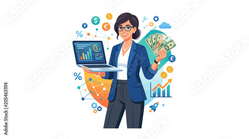 Successful businesswoman holding laptop and cash with financial icons
