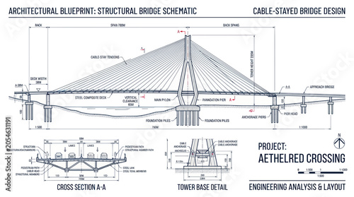 Fotografie Cable stayed bridge architectural blueprint with structural schematics