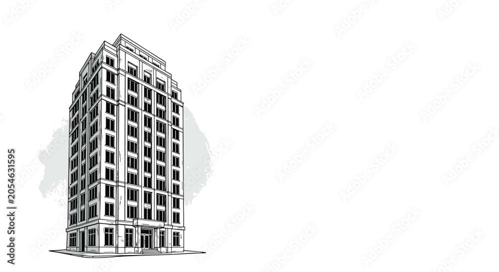 Fototapeta premium Detailed black and white architectural sketch of a tall modern office or residential building on a white background in a clean style.