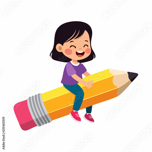 Happy Girl Riding a Giant Pencil