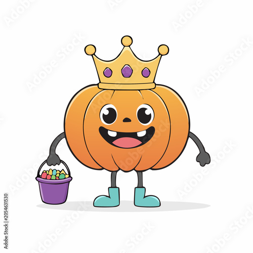 Happy King Pumpkin Character with Candy Bucket