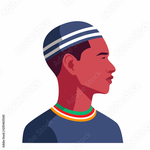 Profile Portrait of a Young Man Wearing a Kufi and Colorful Neckline