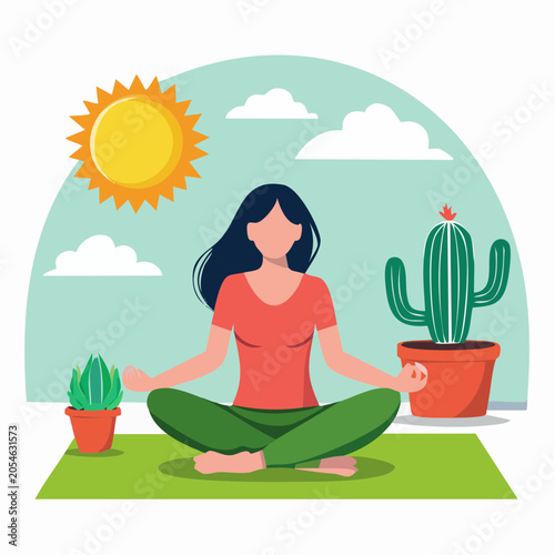 Woman Meditating Outdoors with Sun and Cacti