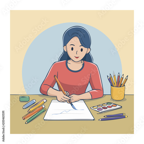 Woman painting at a desk with art supplies