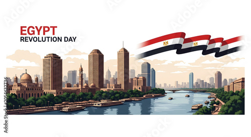 Egypt Revolution Day Celebration with Cairo City Skyline and Waving Egyptian National Flag