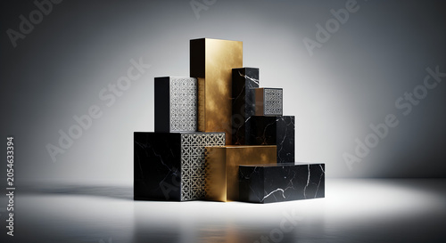 Luxurious gold and black marble geometric blocks, showcasing abstract modern design elegance